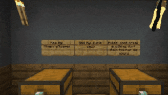 a screenshot of a minecraft game with two chests and a sign on the wall that says " map by "