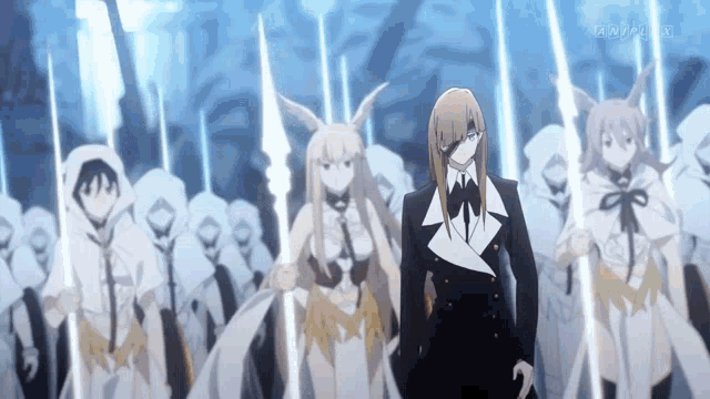 a group of anime characters are standing next to each other in a dark room