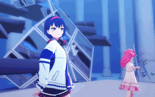 a girl with blue hair is standing next to another girl in a pink dress