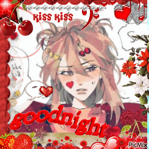 a picture of a girl with red hearts on her face and the words kiss kiss goodnight
