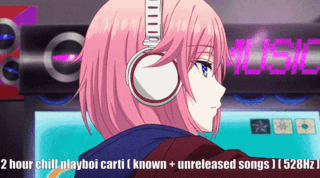 a girl with pink hair wearing headphones stands in front of a sign that says music
