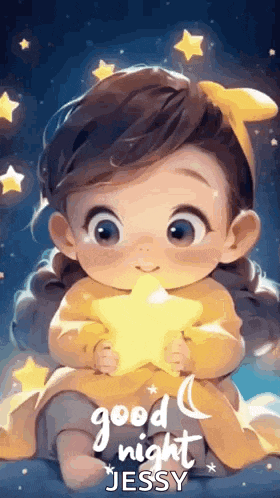 a little girl is sitting on a bed holding a star and saying good night .