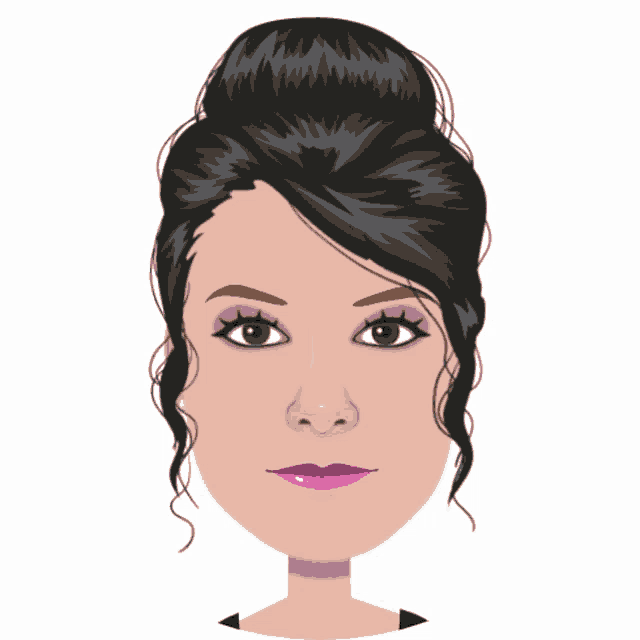 a cartoon drawing of a woman with a bun and purple lips