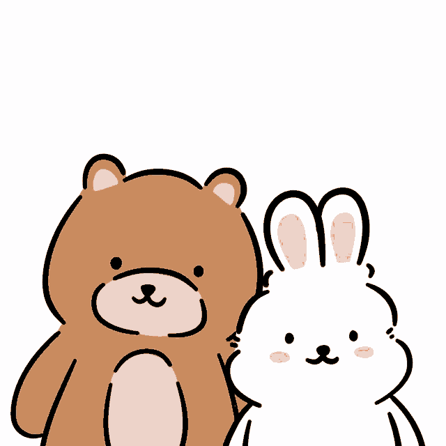 a brown teddy bear and a white rabbit are standing next to each other on a white background