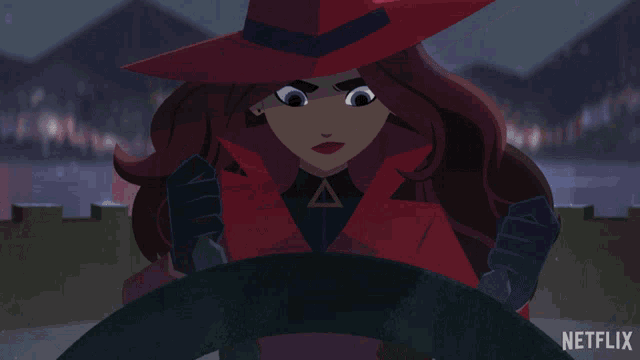 a cartoon of a woman in a red hat with the word netflix on the bottom right