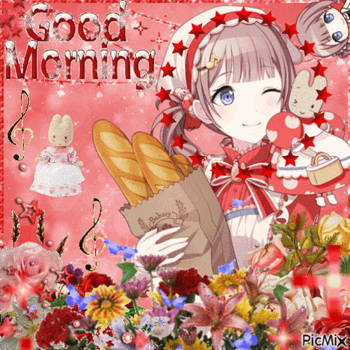 a picture of a girl holding a bag of bread with the words good morning on it