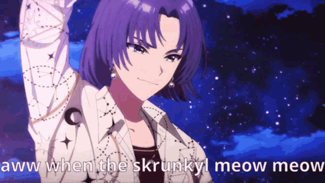 a purple haired anime character with the words aww when the skrinky meow meow