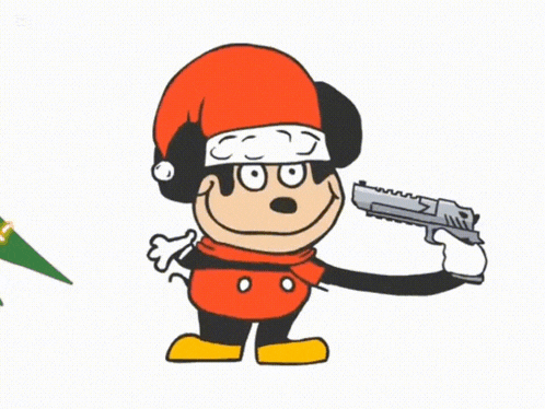 a cartoon character is wearing a santa hat and holding a gun over his head