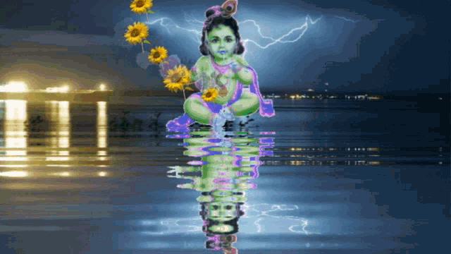 a painting of a baby krishna with sunflowers and lightning in the background