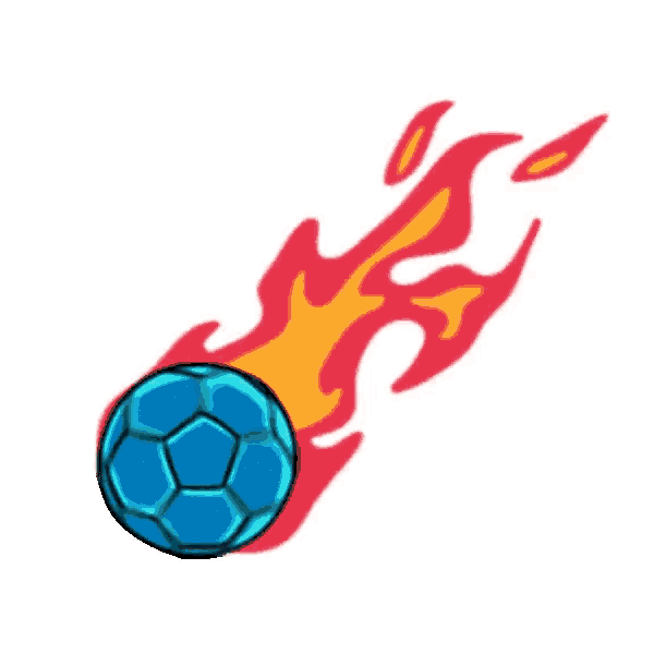 a blue soccer ball is flying through the air with flames coming out of it