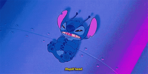 stitch from the movie lilo and stitch is laying on a blue surface with a purple background .