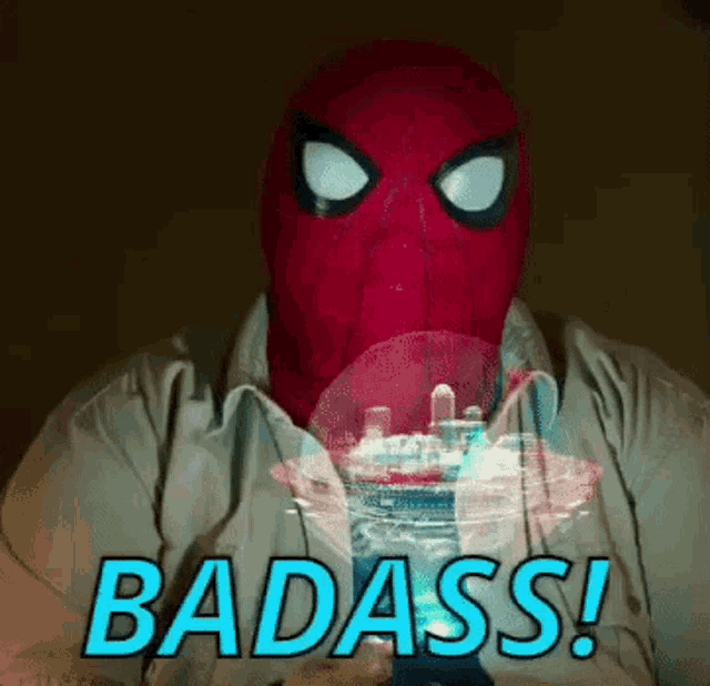 a man in a spiderman costume says badass