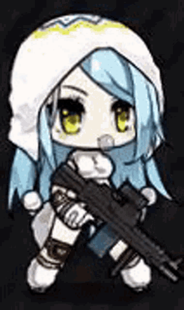a cartoon girl with blue hair is holding a gun in her hand .