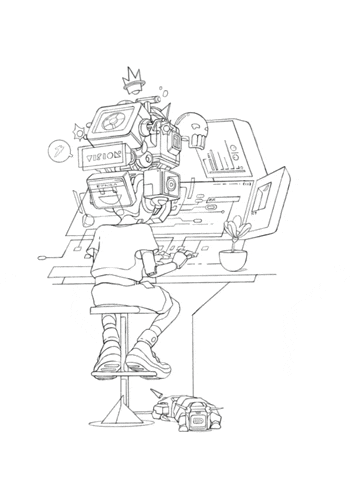 a cartoon drawing of a man with a robot head and the word vision on it