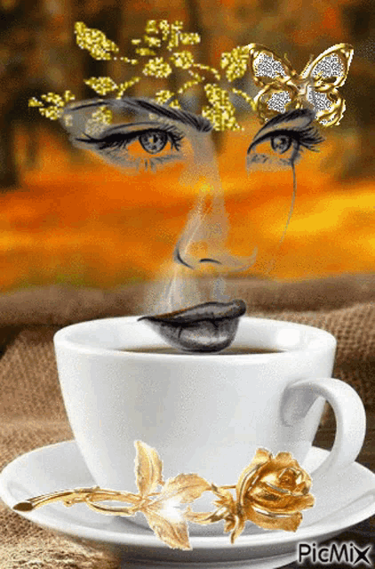 a cup of coffee with a woman 's face and a butterfly on it