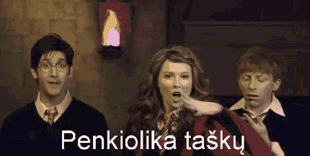 a group of people standing next to each other with the words " penkiolika tasku " on the bottom
