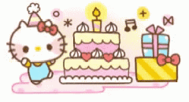 hello kitty is sitting next to a cake and gifts .