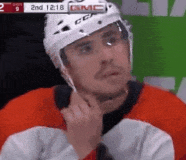 a hockey player wearing a helmet is adjusting his ear plugs .