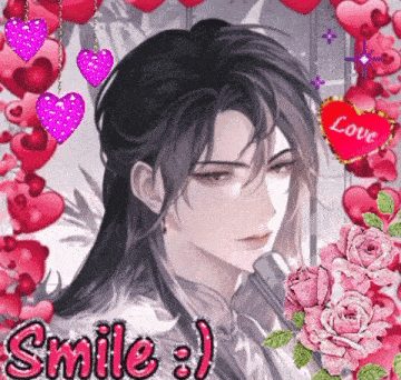 a picture of a man with long hair surrounded by hearts and flowers with the words smile : )