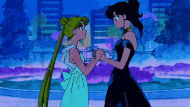 two anime girls holding hands in front of a city