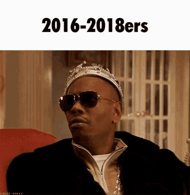 a man wearing sunglasses and a crown with the year 2016-2018ers on the bottom
