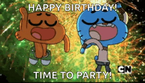 gumball and darwin from the amazing world of gumball say happy birthday time to party