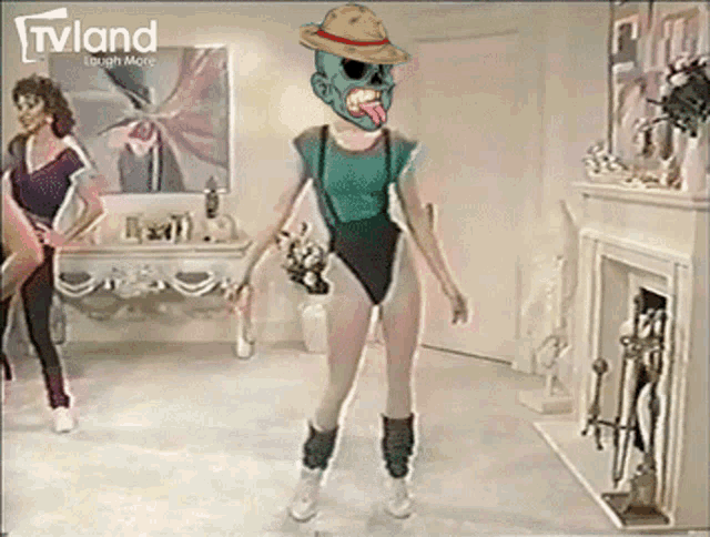 a woman in a leotard is dancing in front of a fireplace with tvland laugh more written on the bottom