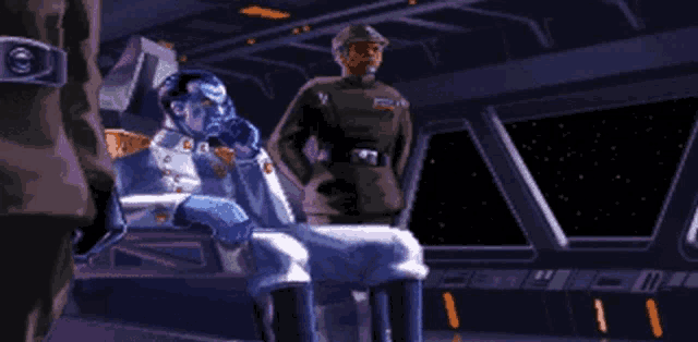 a cartoon of a man sitting in a chair talking to another man