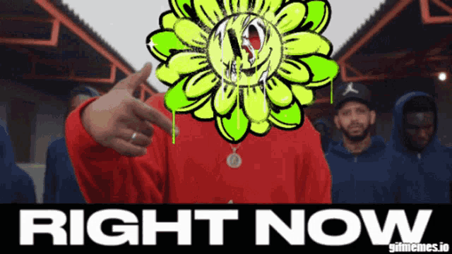 a man with a sunflower on his head pointing to the right with the words right now below him