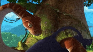 a cartoon of a lizard looking out of a tree