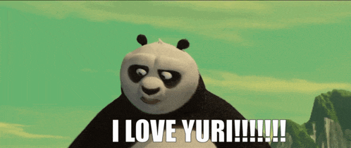 a panda bear says " i love yuri " in front of a mountain