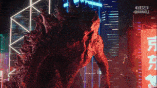 a godzilla statue is standing in front of a city skyline with clash chronicles written on the bottom