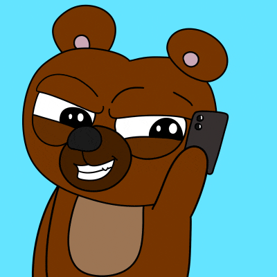 a cartoon bear is smiling while talking on a cell phone