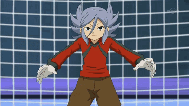 a boy in a red shirt is standing in front of a soccer net that says tokyo