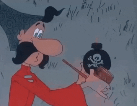 a cartoon character is smoking a pipe while holding a bomb with a skull and crossbones on it