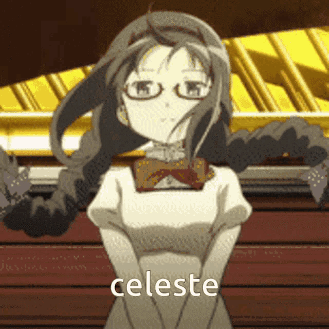 a girl with braids and glasses says celeste in front of a piano