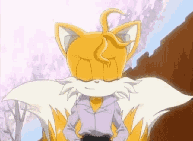 tails from sonic the hedgehog is standing with his eyes closed