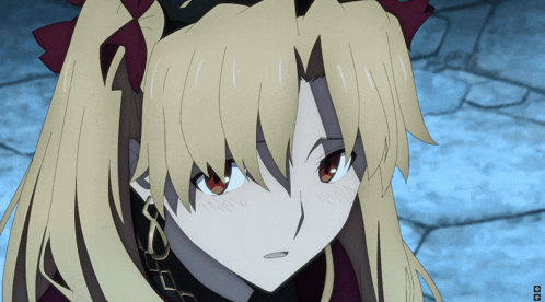 a close up of a blonde anime girl 's face with red eyes