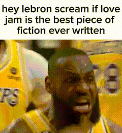 a basketball player is screaming while wearing a yellow jersey and a meme about lebron james