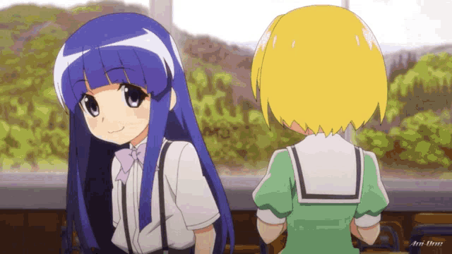 two anime girls are standing next to each other and one of them has blue hair