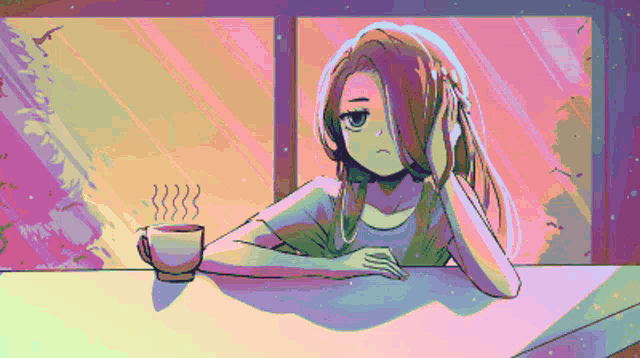 a pixel art of a girl with a cup of coffee