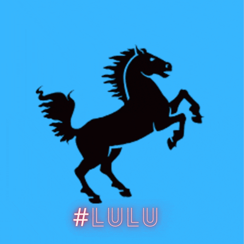 a silhouette of a black horse on its hind legs with the hashtag #lulu on a blue background