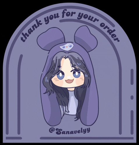 a thank you for your order sticker with a girl wearing a purple bear hat