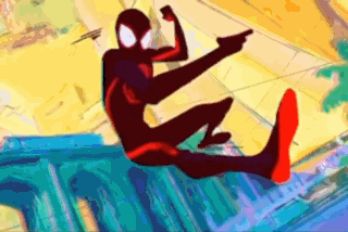 a cartoon of spider-man pointing at something while sitting on a roof .