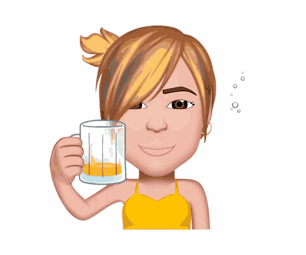 a cartoon girl is holding a glass of orange juice