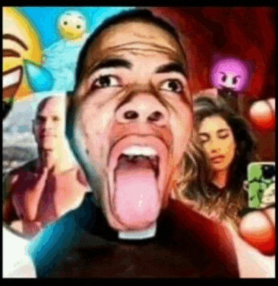 a man is sticking his tongue out in front of a collage of people .