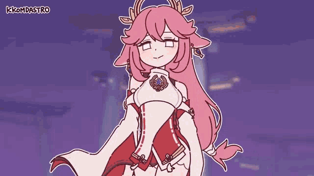 a cartoon of a girl with long pink hair and horns standing in front of a purple background .