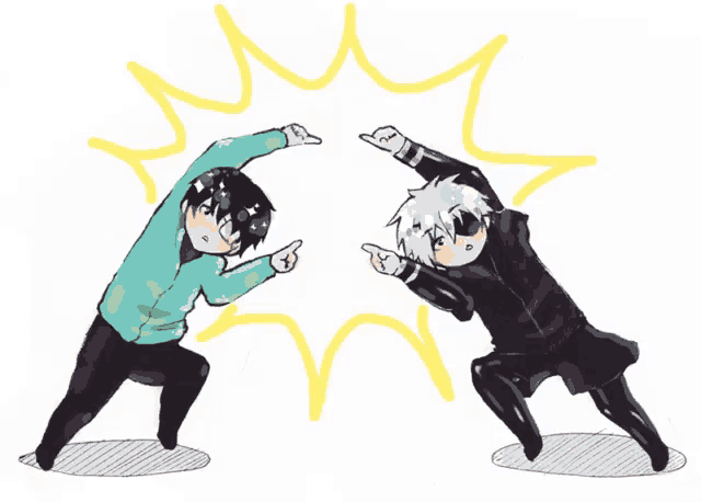 a drawing of two anime characters standing next to each other pointing at each other