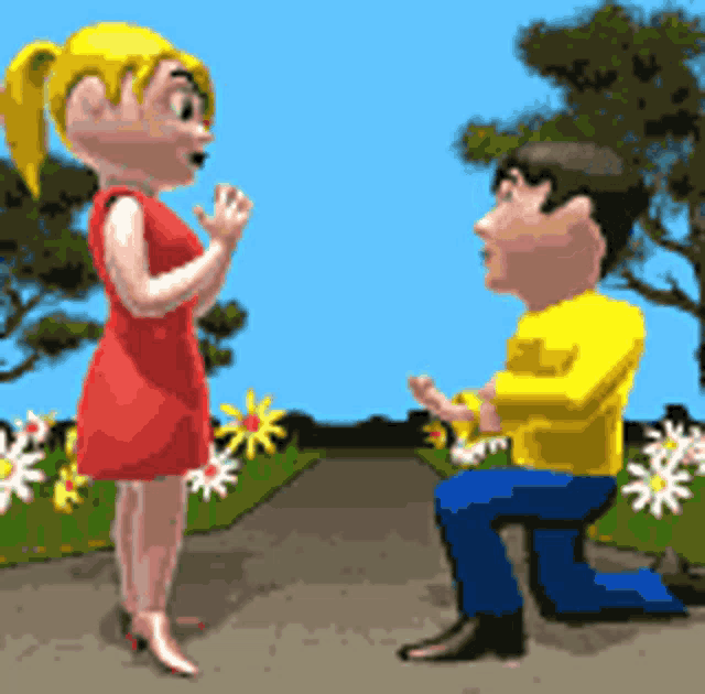 a cartoon of a man kneeling down to propose to a girl