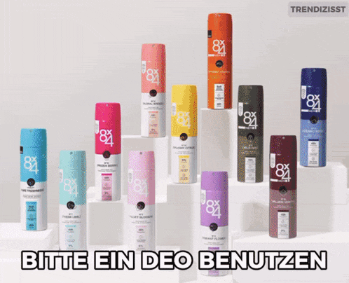 a display of deodorants with the words bitte ein deo benutzen below